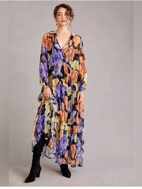 Anthropologie Floral Tiered Maxi Dress in Black, Purple, Orange & Green